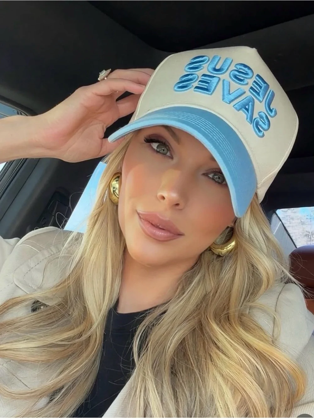Altar'd State Cream & Light Blue 'Jesus Saves' Embroidered Baseball Cap